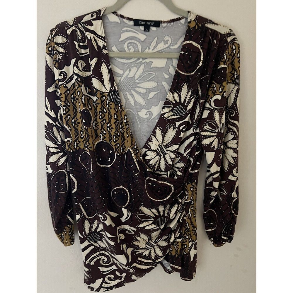 Karen Kane Sz‎ XL Gypsy Brown Boho Rayon Wrap Blouse Shirt Top Funky